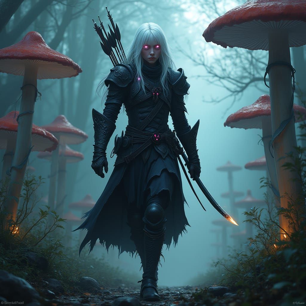 Albino Drow Hunter in Bioluminescent Mushroom Forest