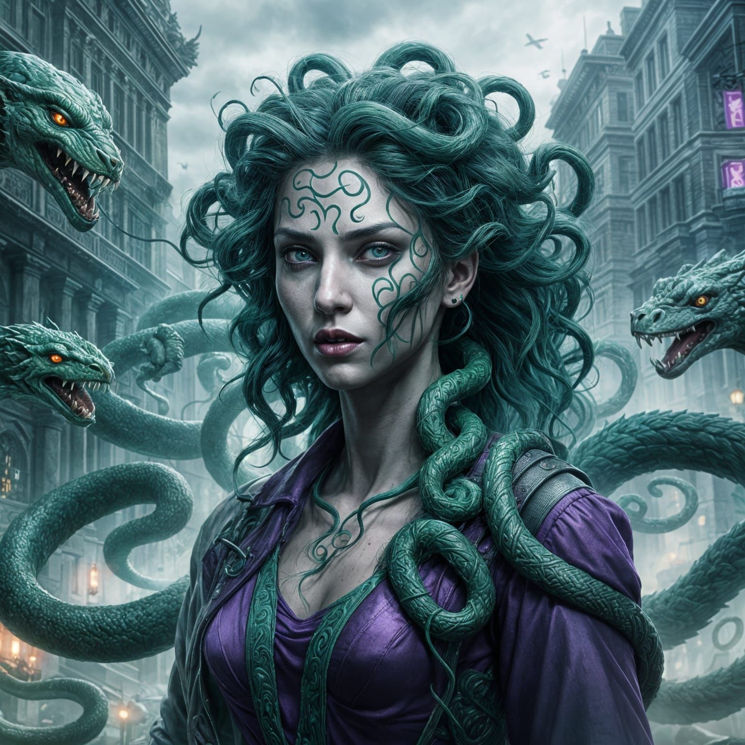 Medusa Battles Demons: Green and Purple Fantasy Art