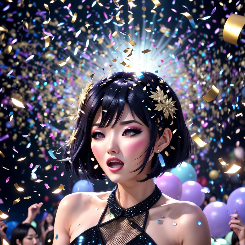 Anime-Realism: Asian Girl's New Year Confetti Party