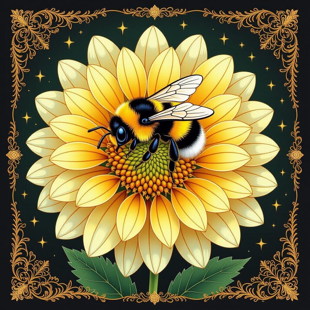 Dreaming Bee on Dahlia, Art Nouveau Illustration