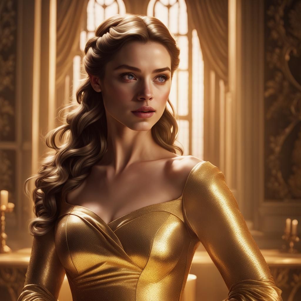 Belle in Golden Dress: Hyperdetailed Portrait