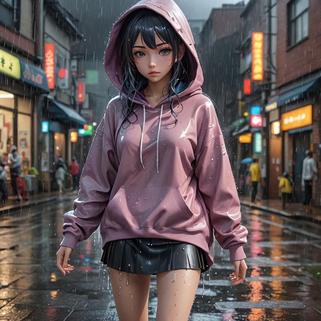 Rainy Day Anime Girl in Hyper-Realistic 3D Art