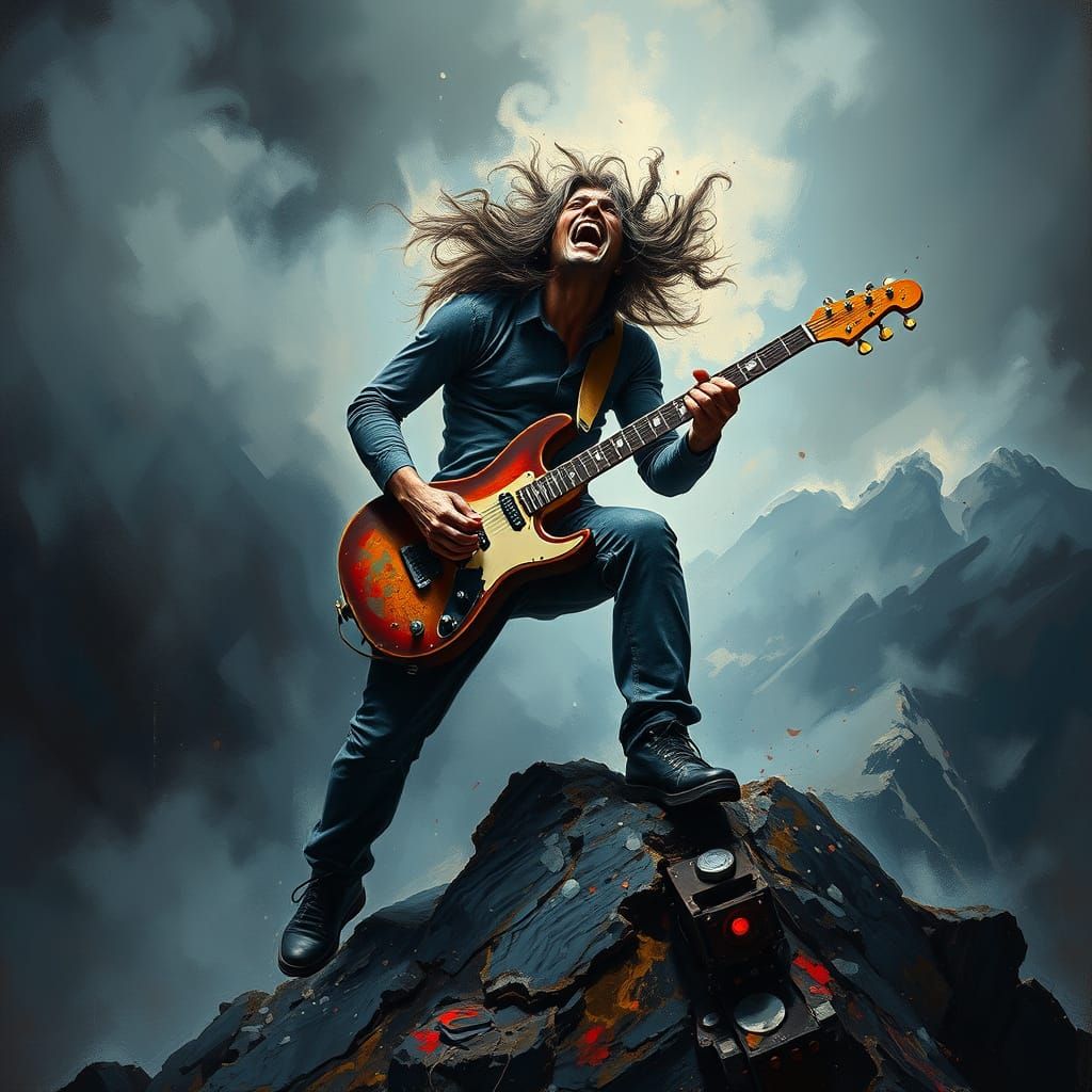 Dramatic Baroque Guitarist in Fiery Mountain Landscape