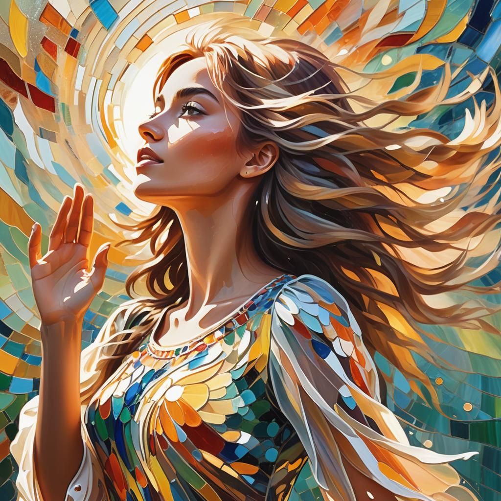 Glass Mosaic Girl with Fluttering Hair in Gouache Style