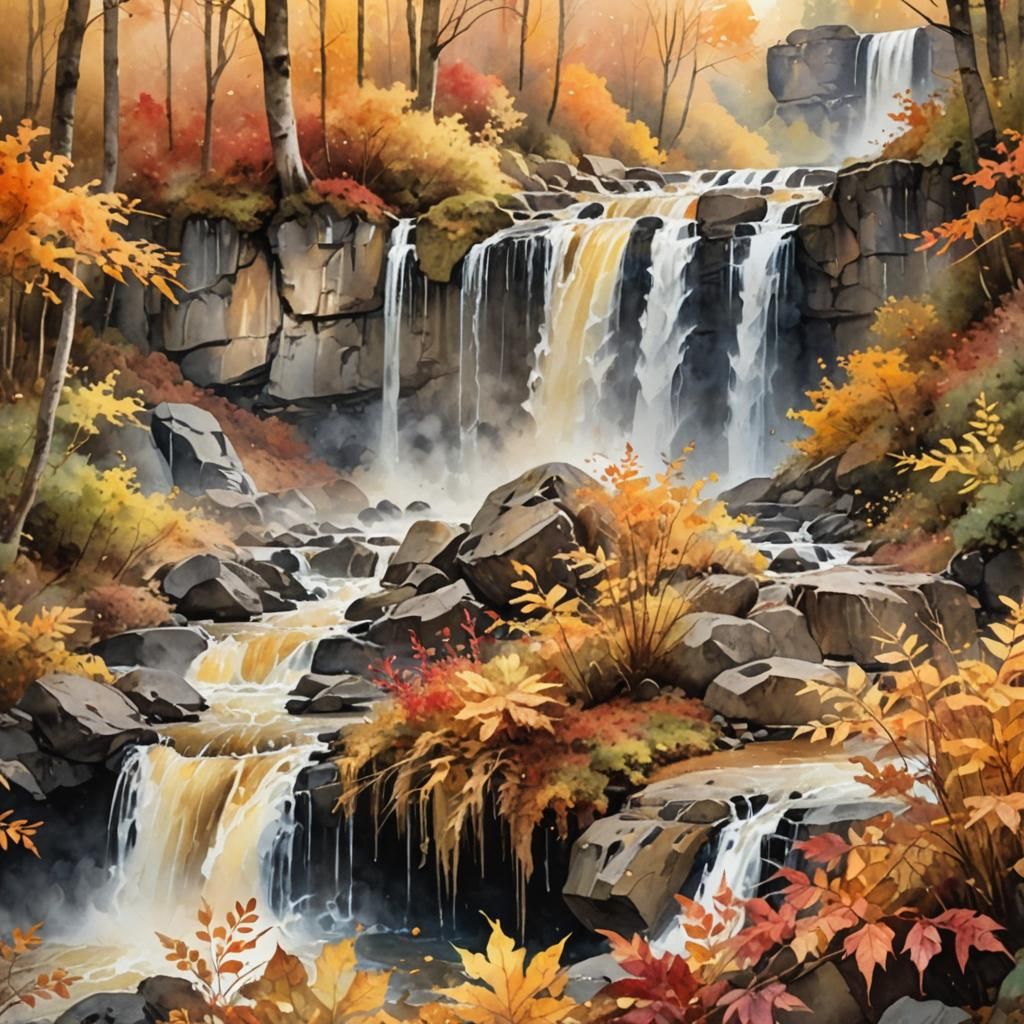 Colorful Autumn Waterfall in Watercolor Style
