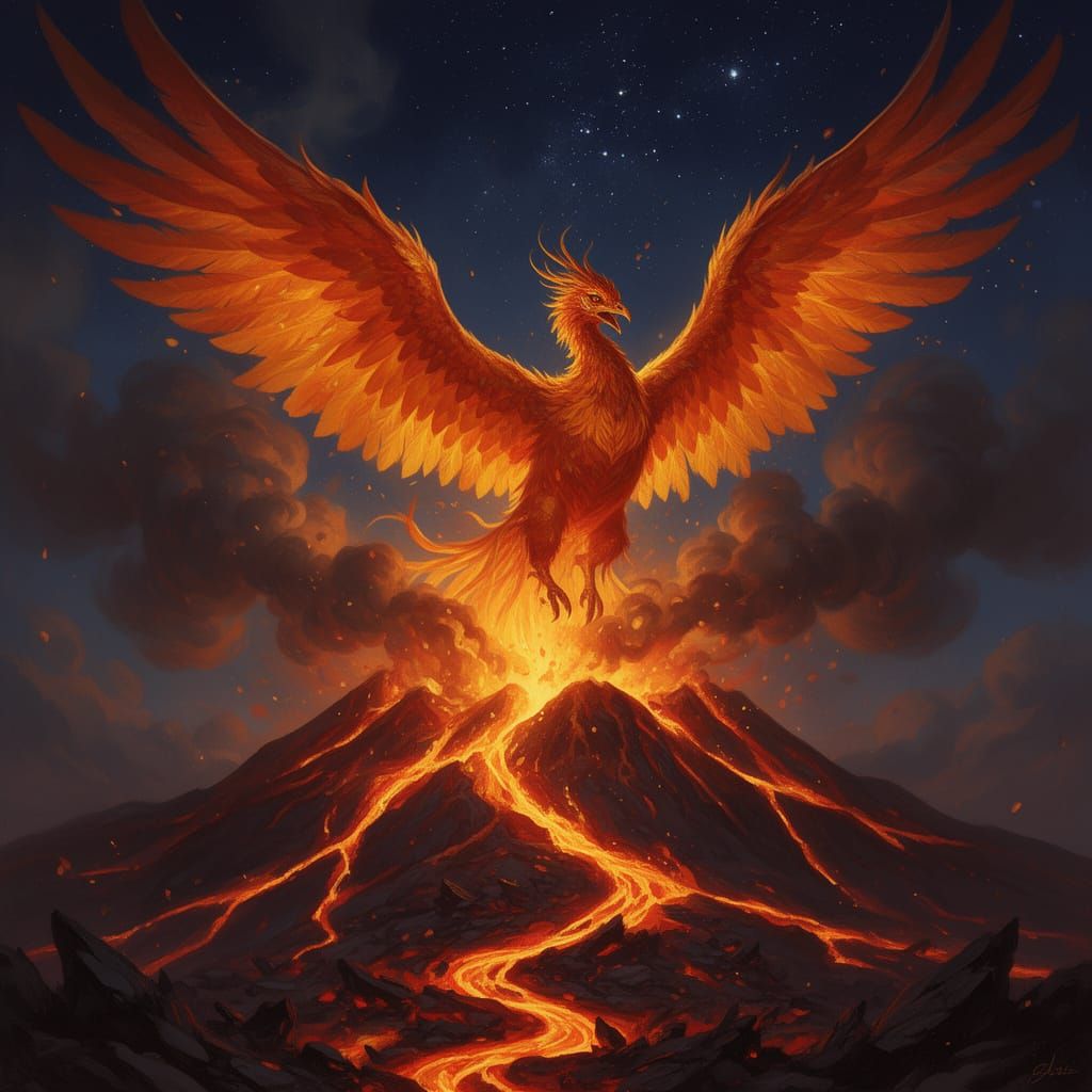 Majestic Phoenix Rises from Fiery Volcano