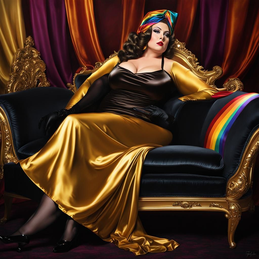 Realistic Artistic Sissy Satin Flamboyant Statuesque Glamorous Big Beautiful Women BBW Woman relaxing supine on a Chaise...