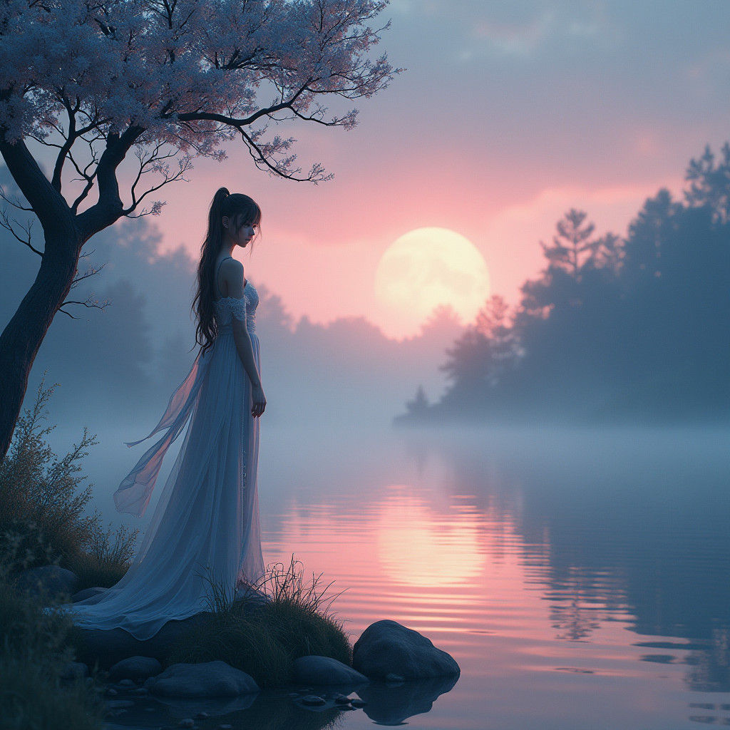 Figure Lost in Serene Lake Landscape at Dusk