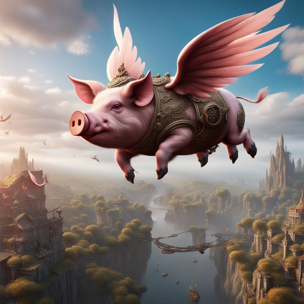 Fantastical Flying Pig in Detailed Matte Painting