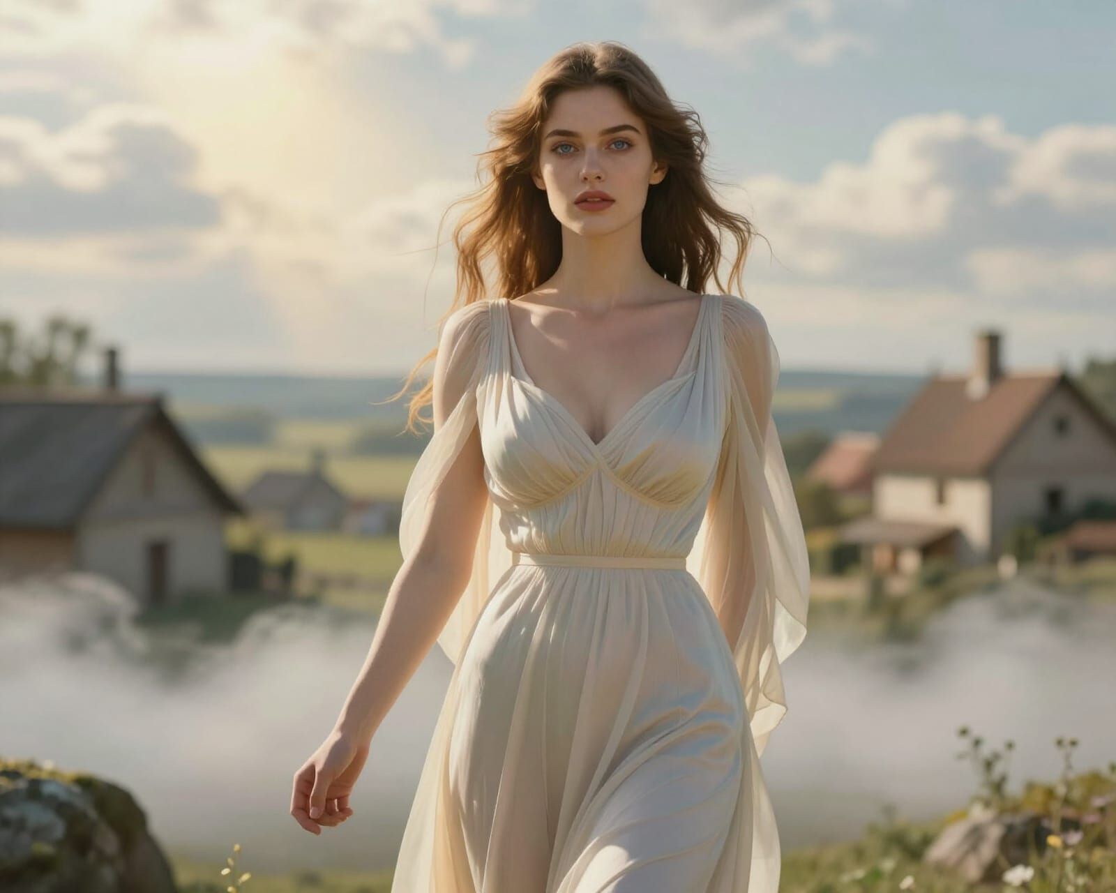 Elegant Woman in Flowing Dress, Rustic Village Landscape