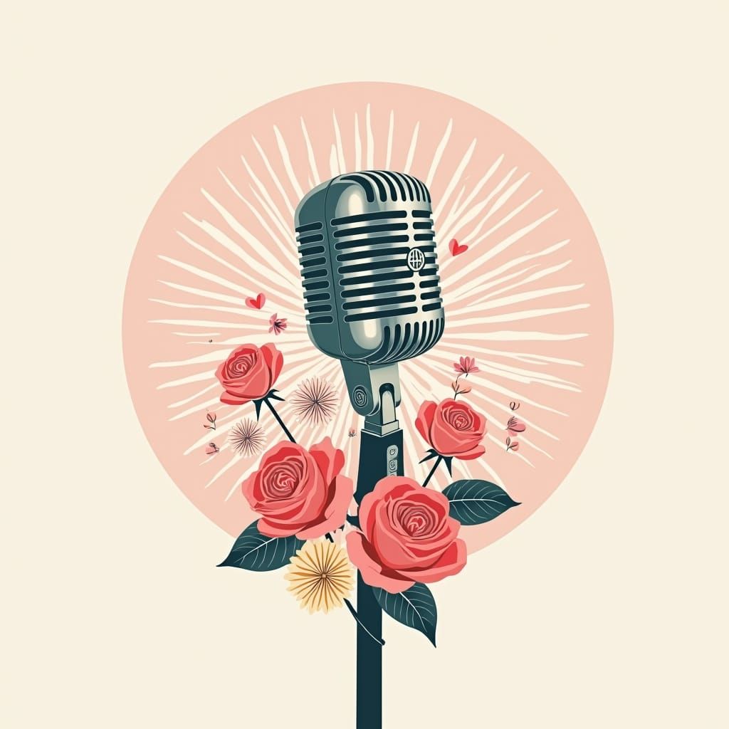 Vintage Microphone Surrounded by Delicate Flowers in Minimal...