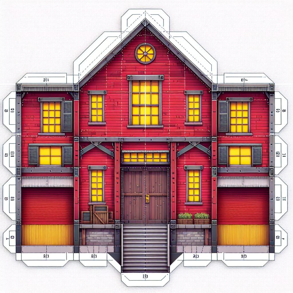 Pixel Art Warehouse Papercraft Template Front View