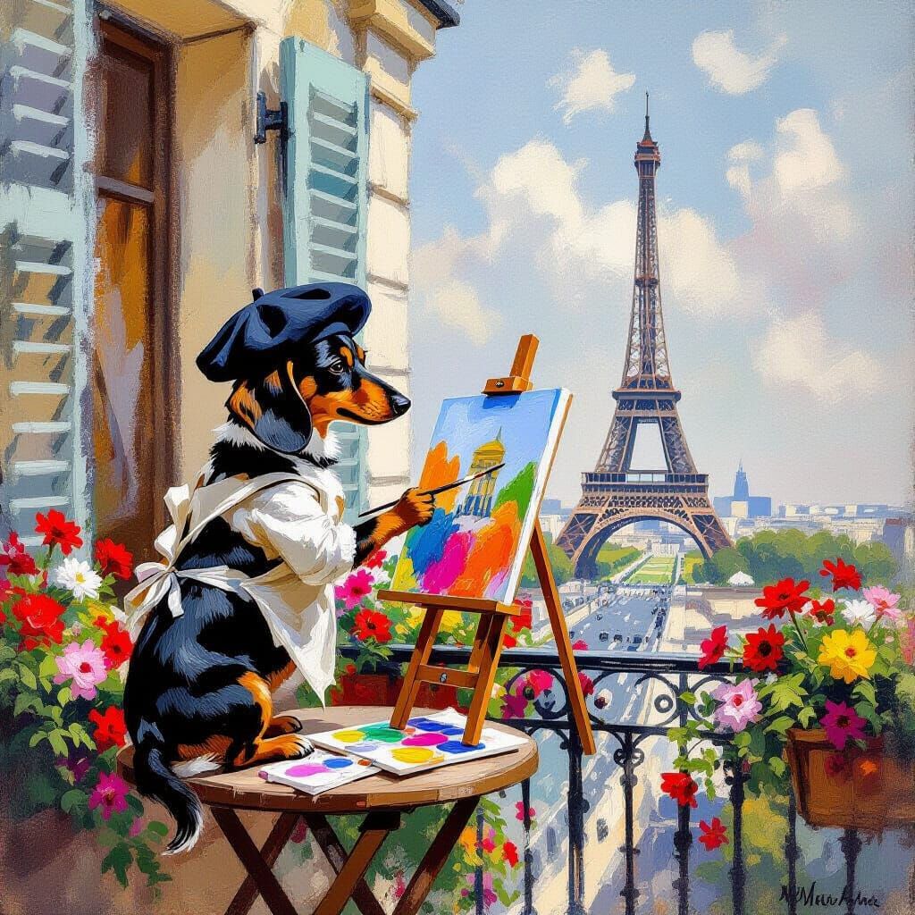 Dachshund Painting Eiffel Tower in Impressionist Style