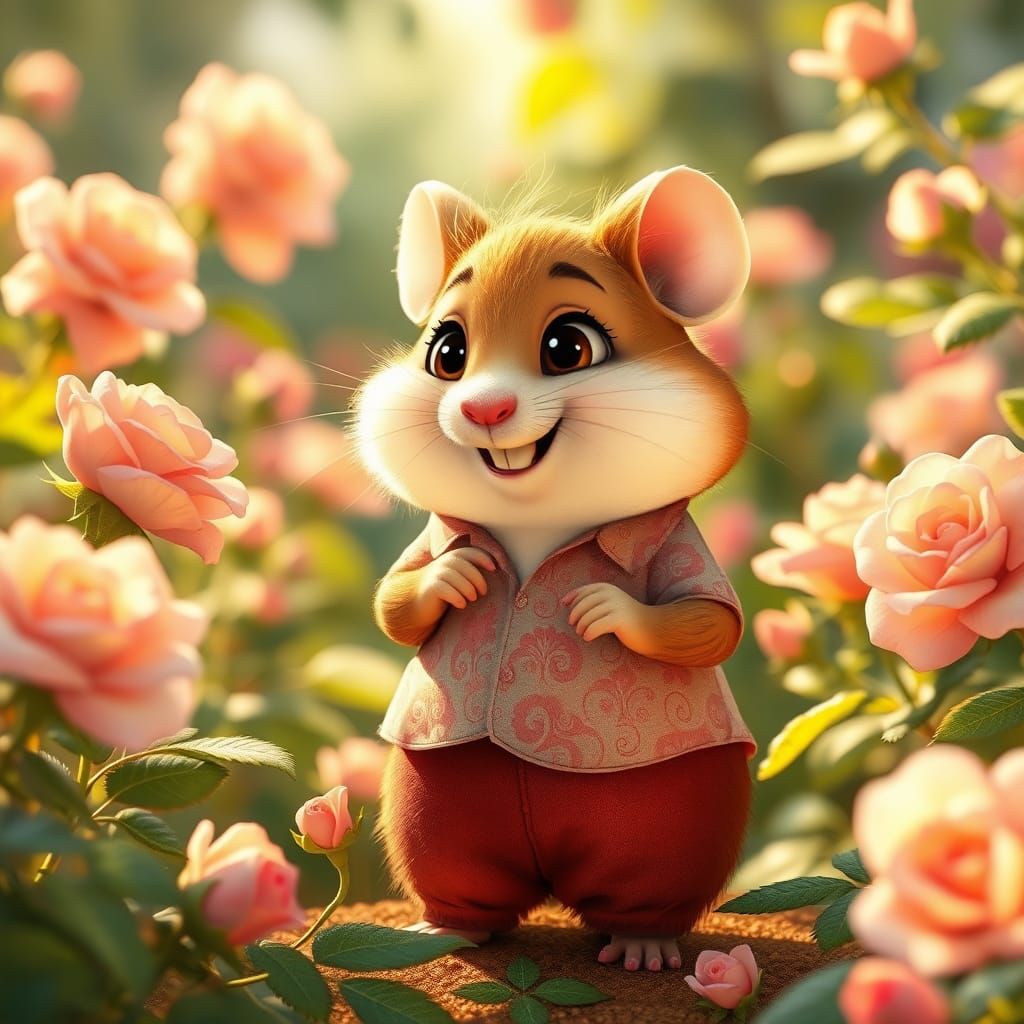 Smiling Hamster in Rose Garden: Pixar Style