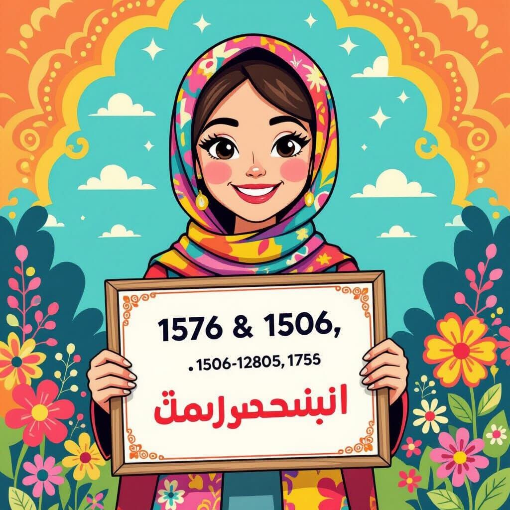 Cartoon Teacher with Headscarf Holds Persian Welcome Sign