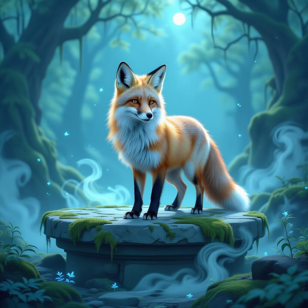 Majestic Moonlit Fox on Ancient Altar in Star-Dusted Forest