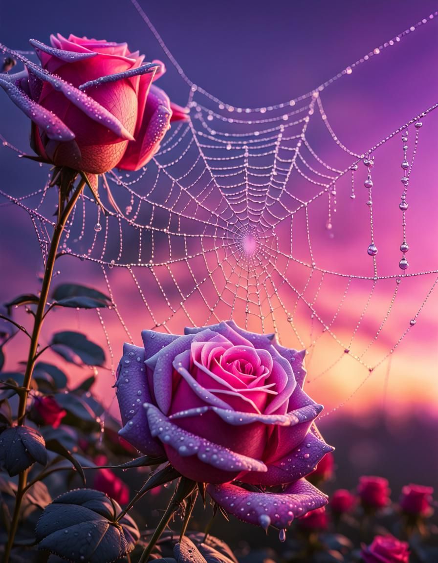 Dew-Kissed Spiderweb Between Neon Roses