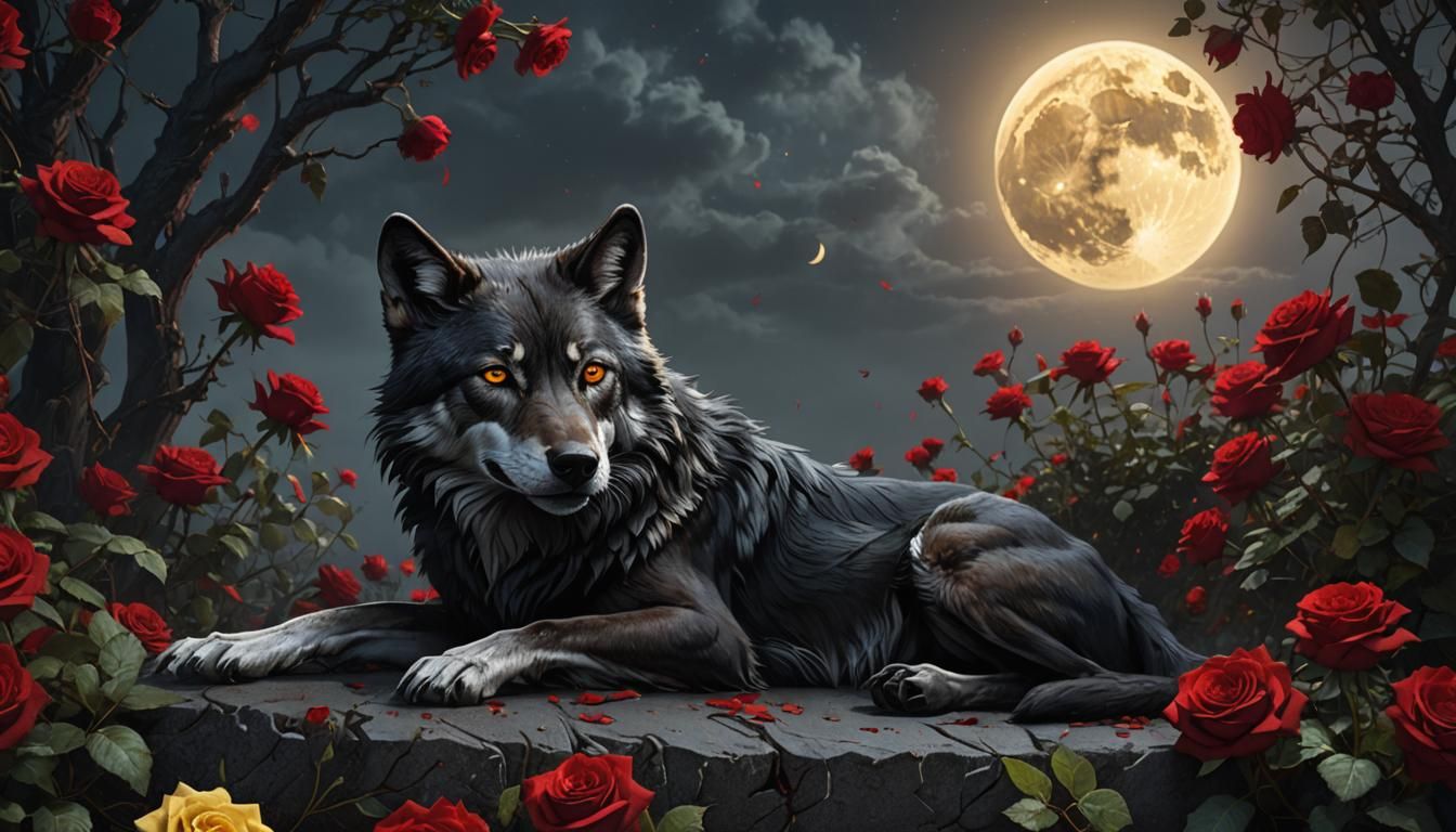 Black Wolf Howling at Moon in Dark Fantasy Style