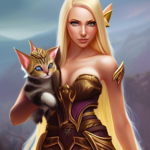 Blood Elf Archer with Pet Cat, Fantasy Art