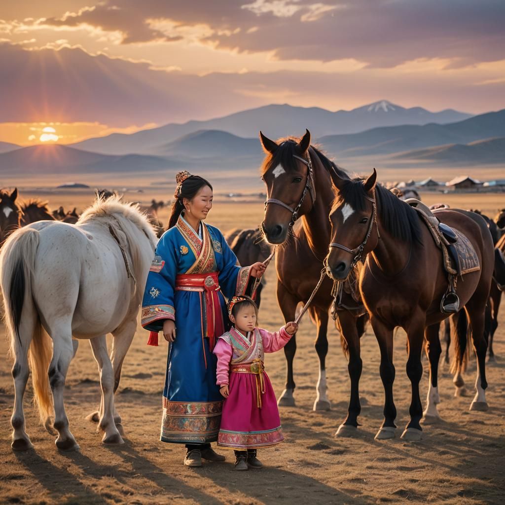 Mongolian Mother and Daughter at Sunset