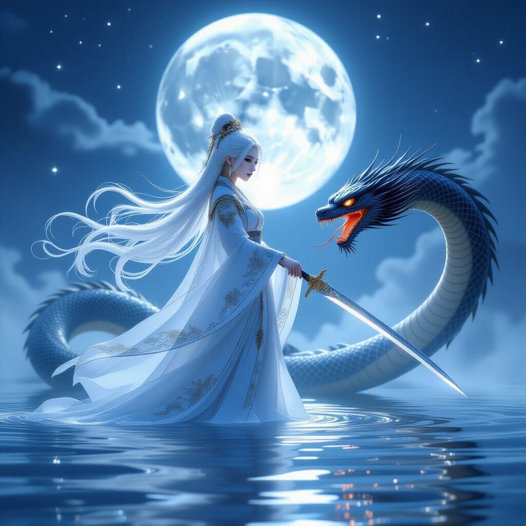 Princess and Serpent Under Silver Moon