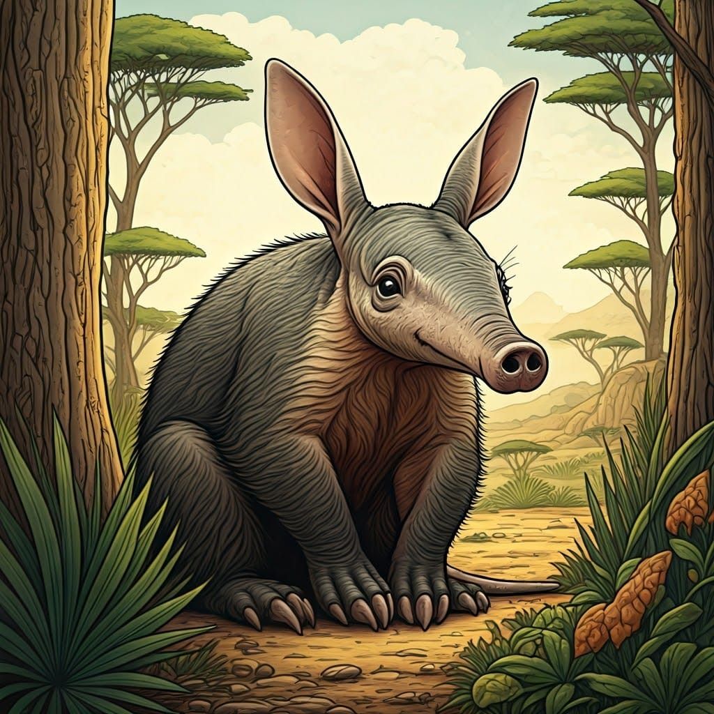 Whimsical Aardvark in African Landscape Illustration