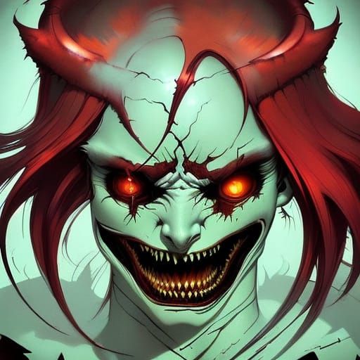 Demonic Red-Haired Woman in Mischievous Anime Style Portrait