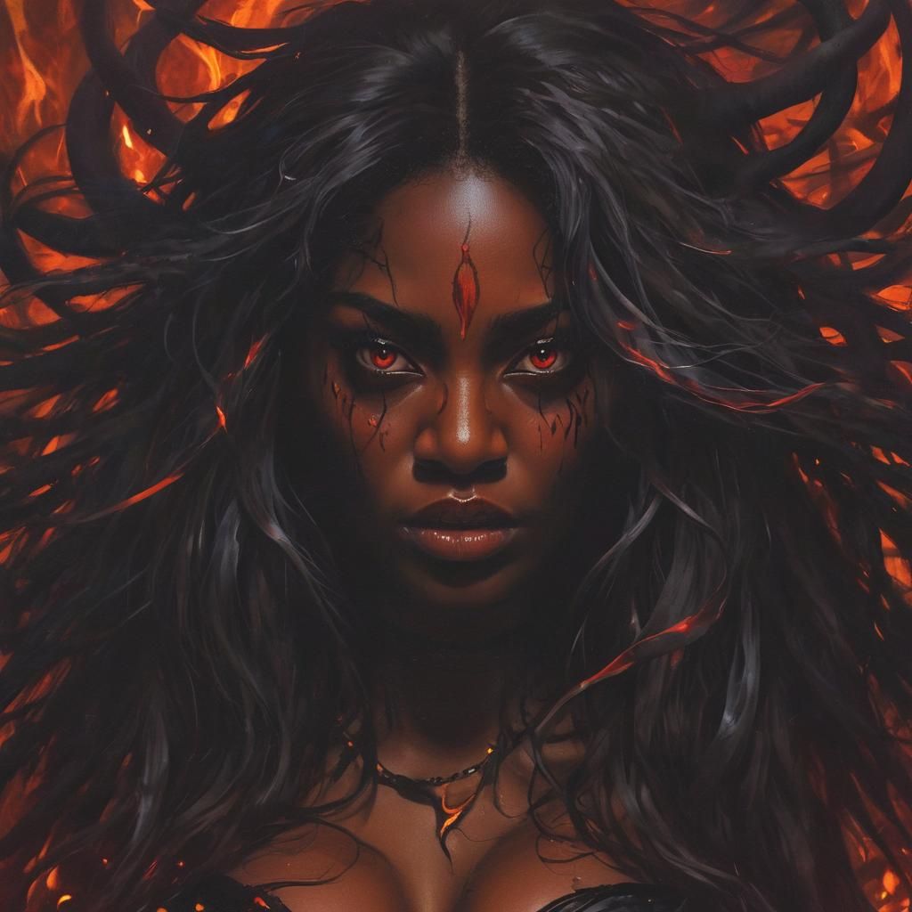 Demonic Woman with Fiery Hair in Dark Fantasy Style