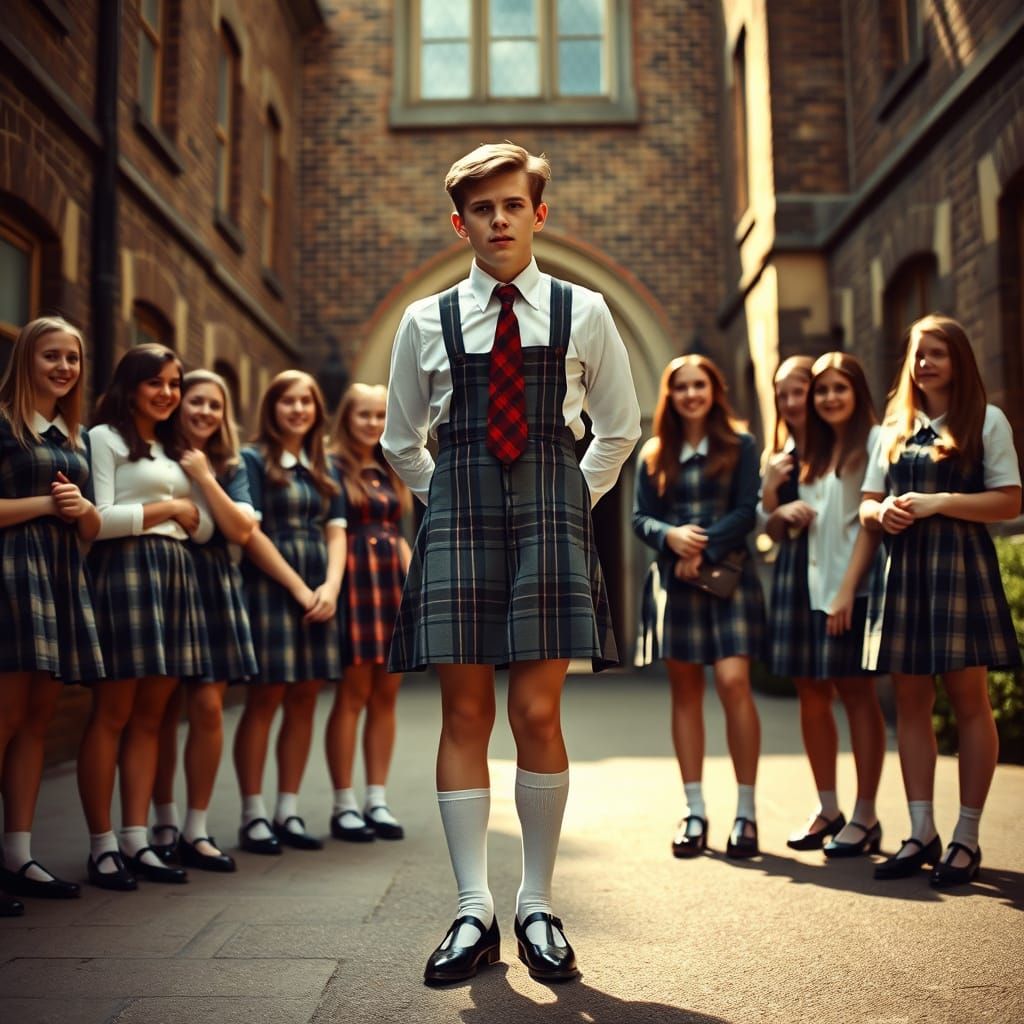 Young Man Crossdressing in Traditional British Schoolgirl Un...