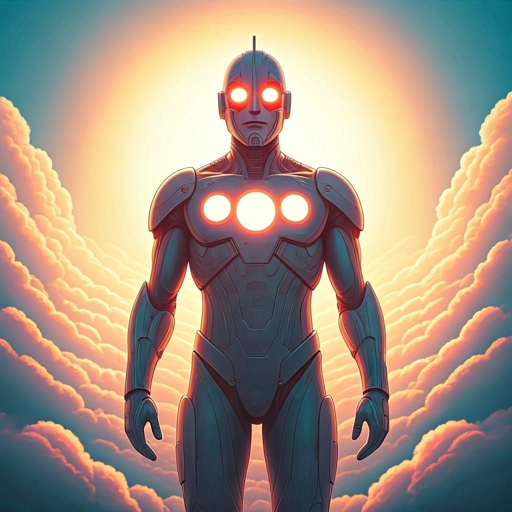 Automan in Majestic, Glowing Light Suit Amidst Ethereal Clou...