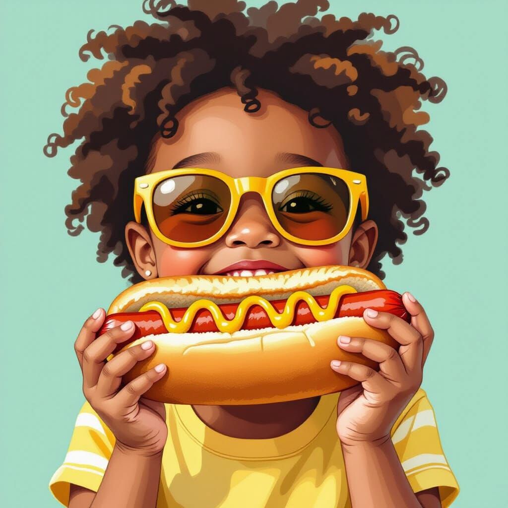Cute Kid Eating Hot Dog in Pastel Illustration