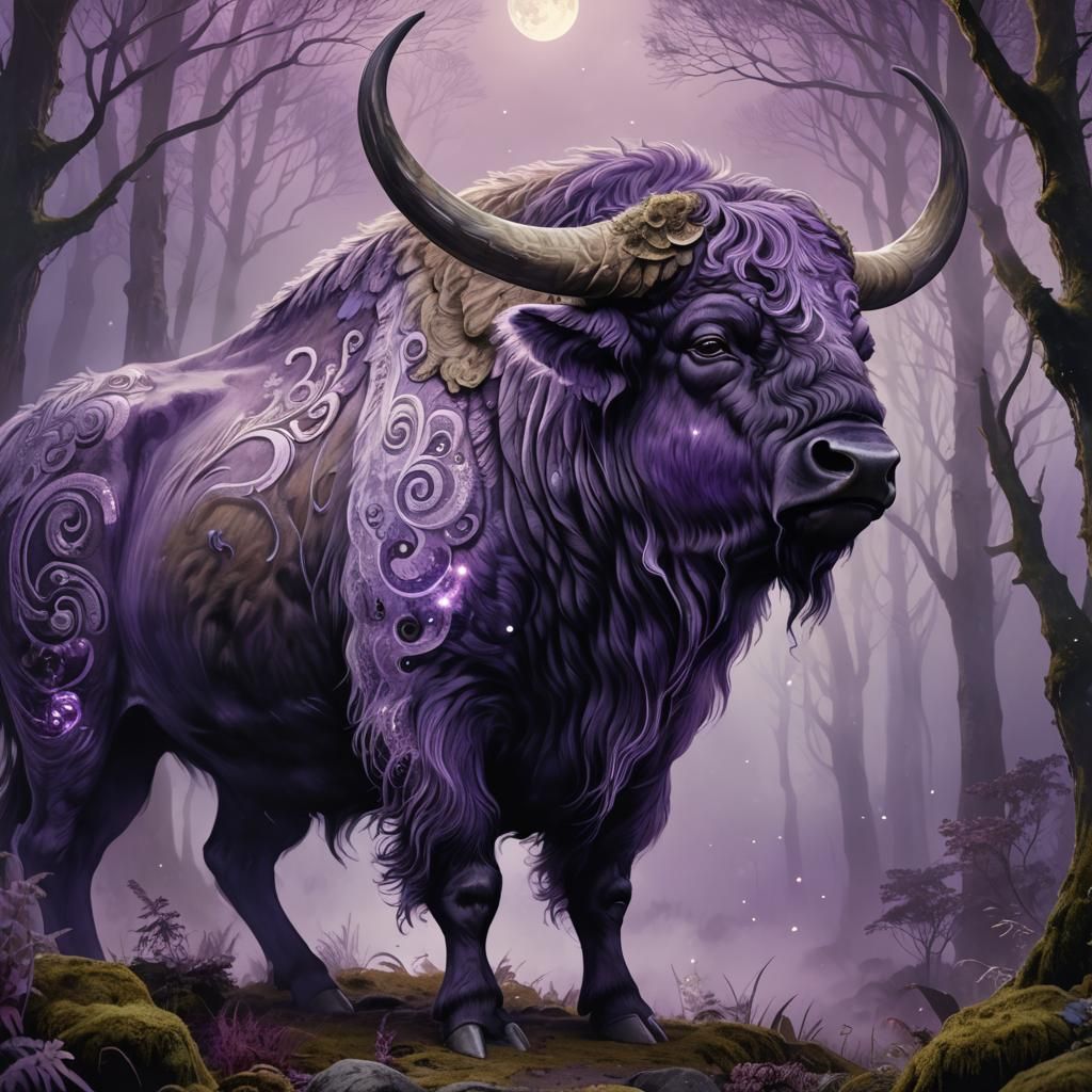 Violet Buffalo in Moonlit Forest: Ethereal Matte Painting