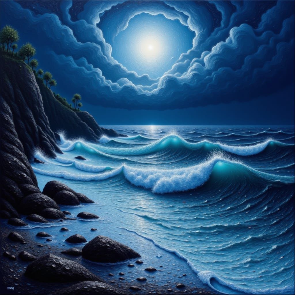 Dramatic Midnight Storm at Sea with Lightning