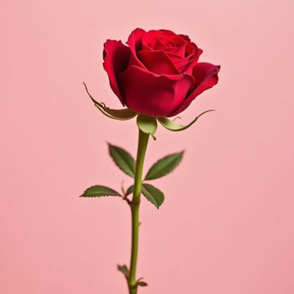 Stunning Crimson Rose on Light Pink Background