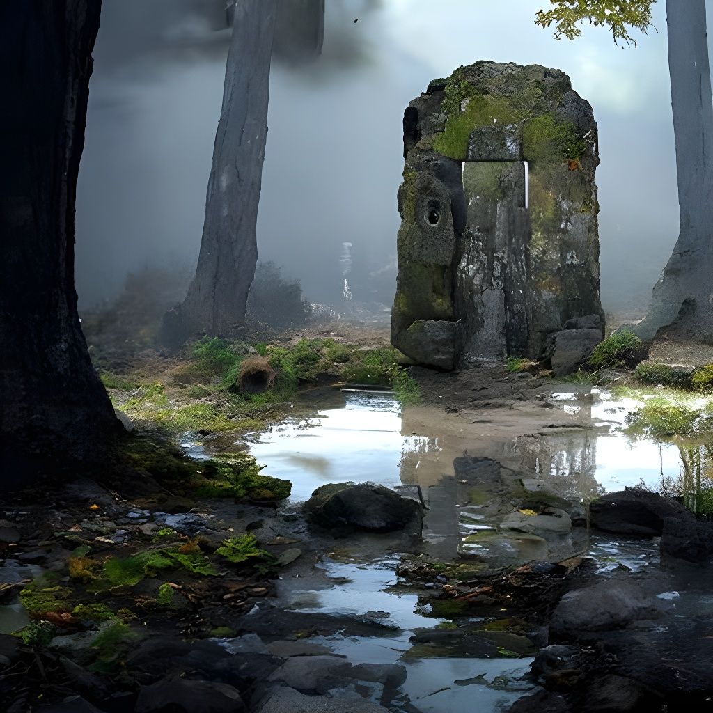 Ancient Stone Monolith Ruin in Misty Forest