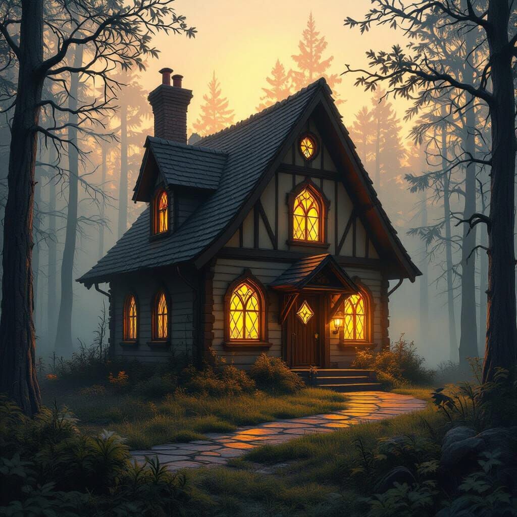 Spooky Whimsical Cottage in Misty Forest Clearing