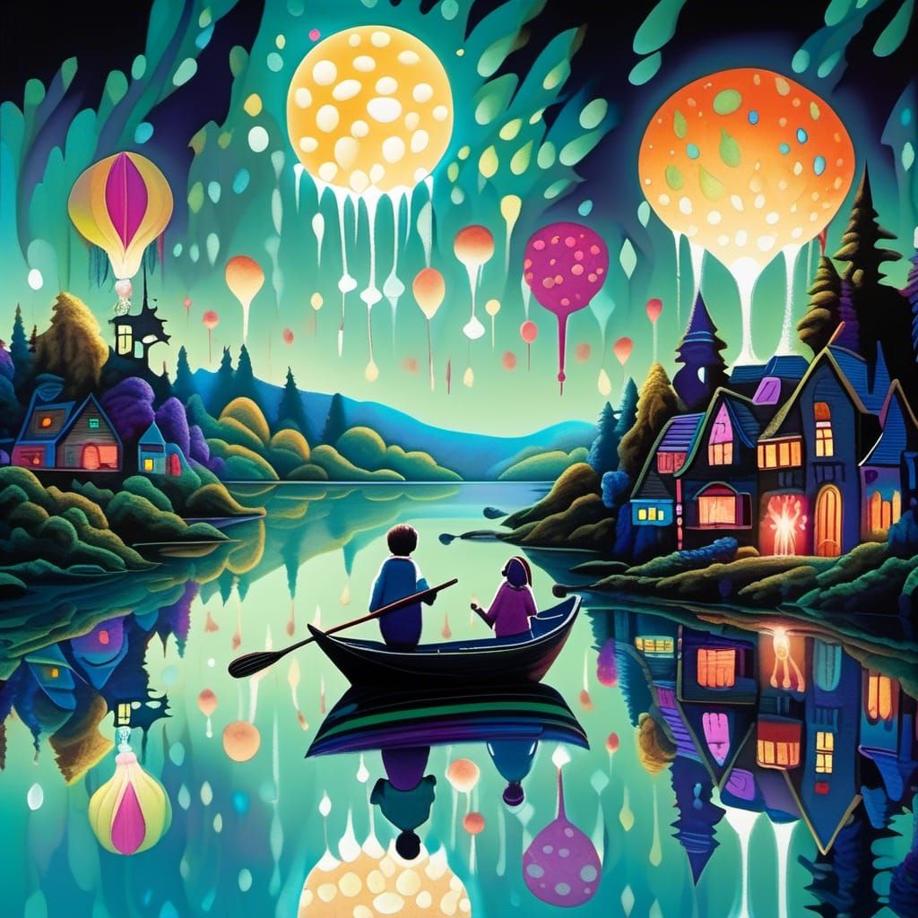 Bioluminescent Lake: Boy Fishing Under the Moon