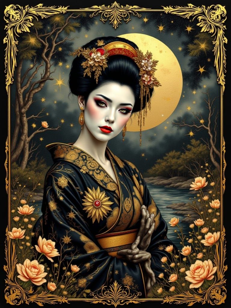 Gothic Geisha Tarot Card in Zen Garden by Alphonse Mucha Sty...