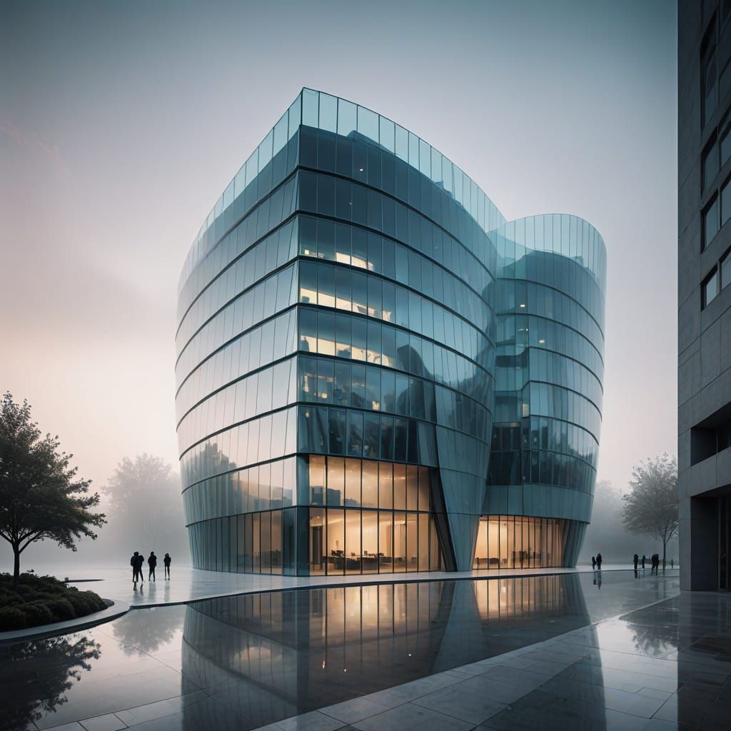 Surreal Futuristic Glass Architecture in Misty Morning Light