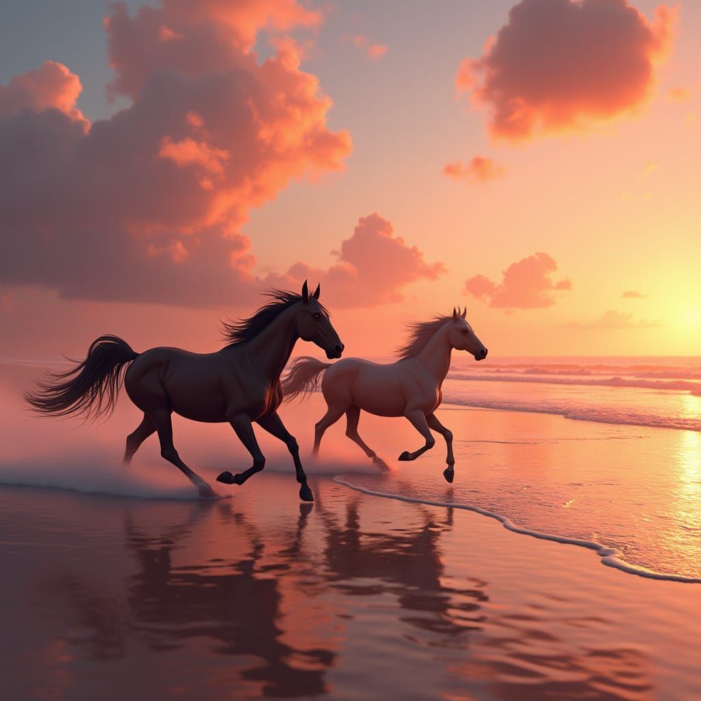 Horses Galloping on Beach at Sunset: Fantasy Concept Art