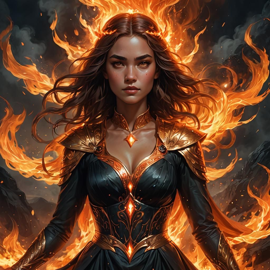 a woman in a dress is surrounded by fire, realistic body features and face, fantasy character art, beautiful artist rend...
