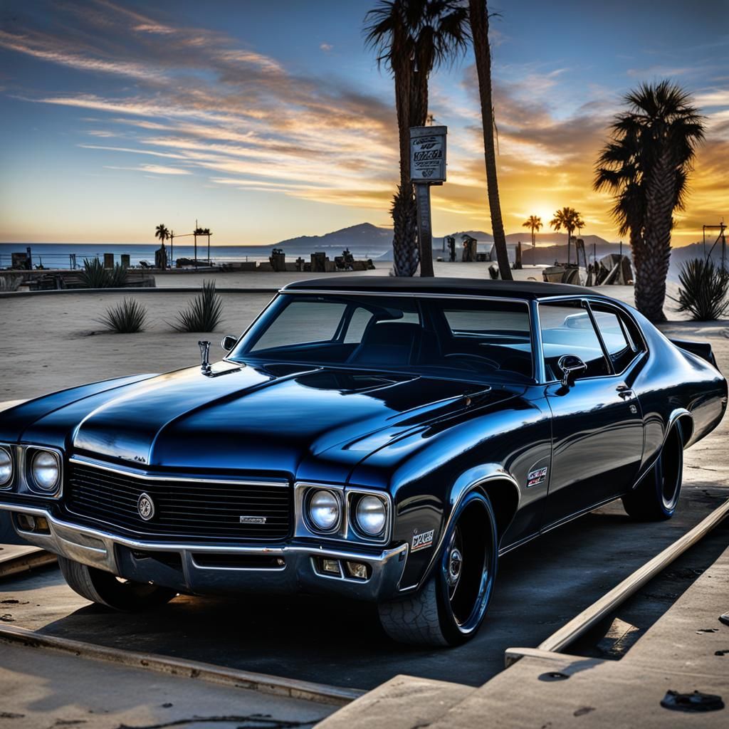 Custom 1970 Buick GSX at Beach Skatepark in Cyberpunk Style