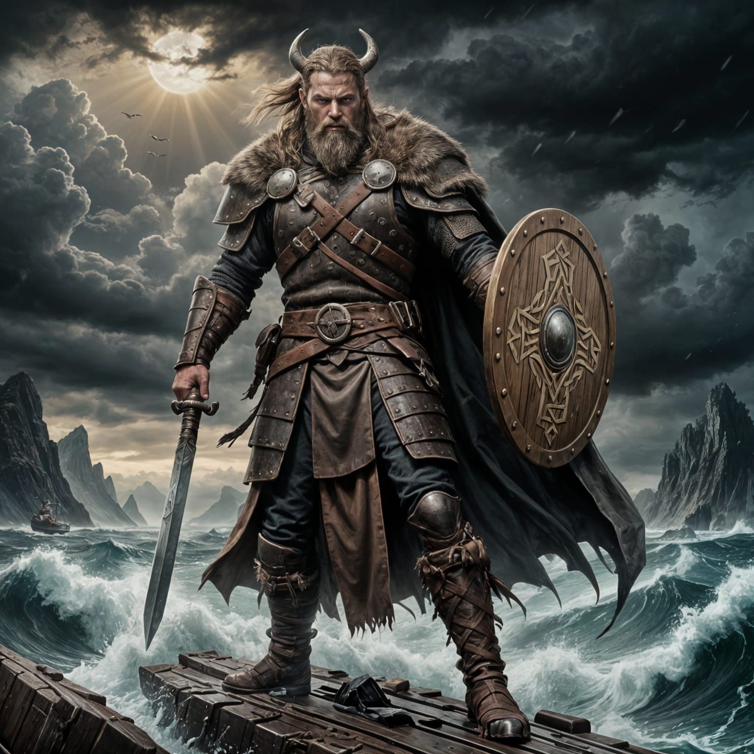 Viking Warrior on a Darkened Ship