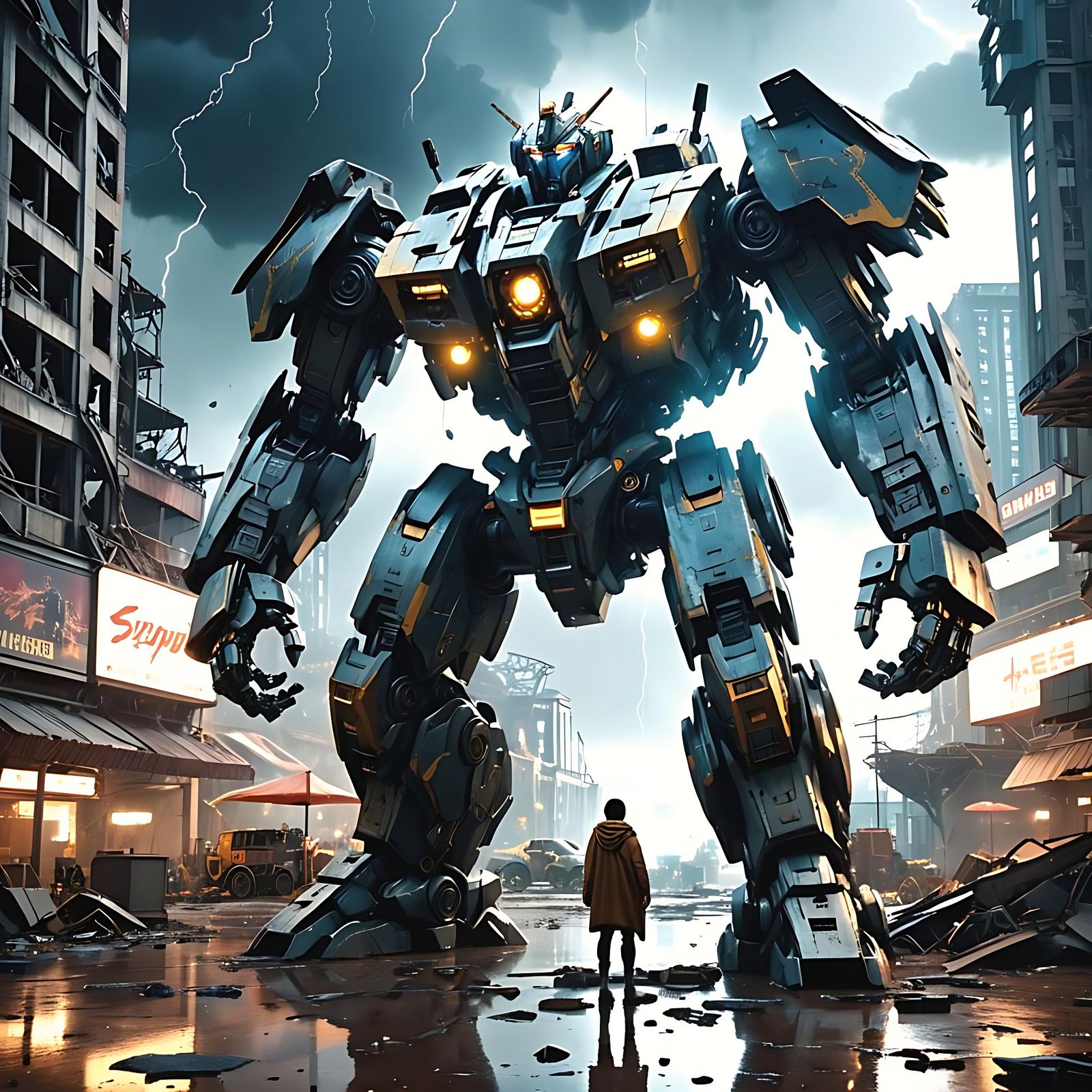 Giant Armored Mecha in Ruined City Square