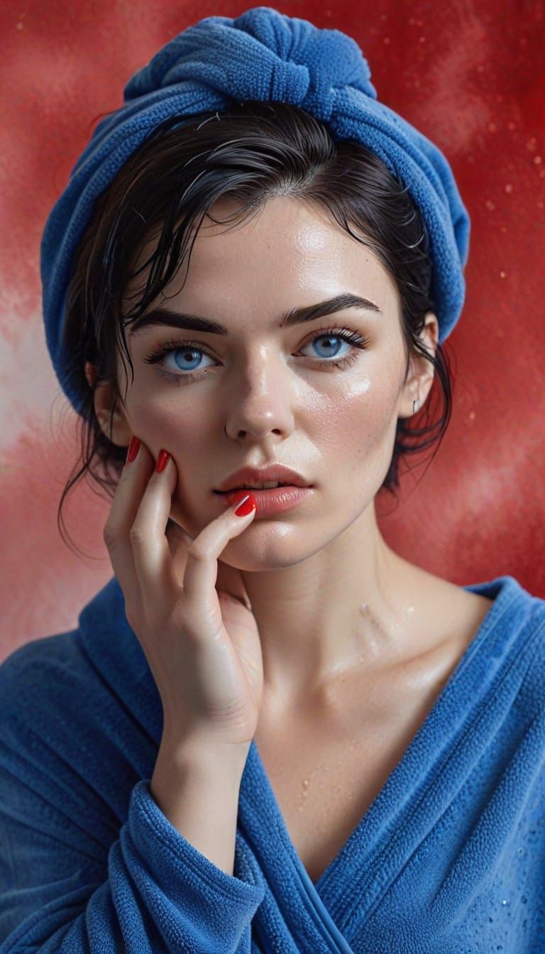 Photorealistic Pencil Sketch of Woman with Blue Eyes and Red...