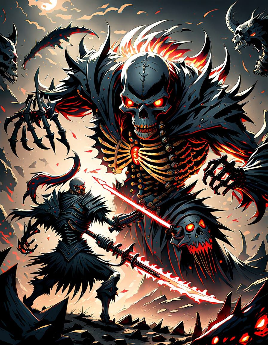 Skeleton Warrior Fights Demon in Vivid Anime Style