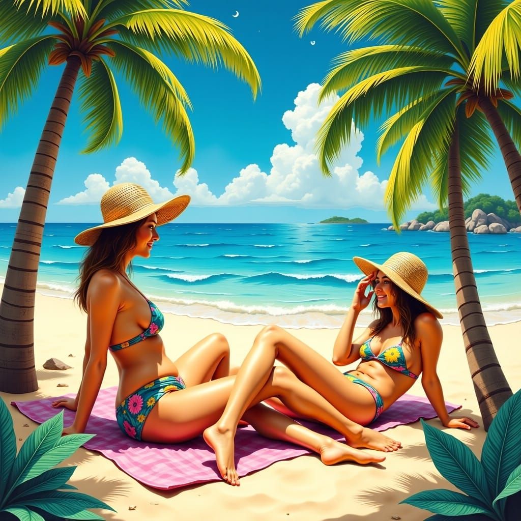 Tropical Beach Scene with Women in Swimsuits