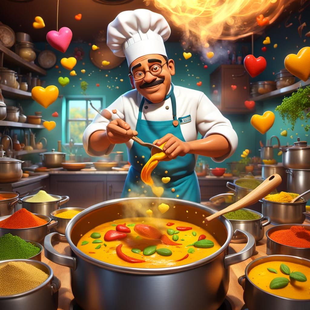 Whimsical Curry Kitchen in Vibrant Pixar Style