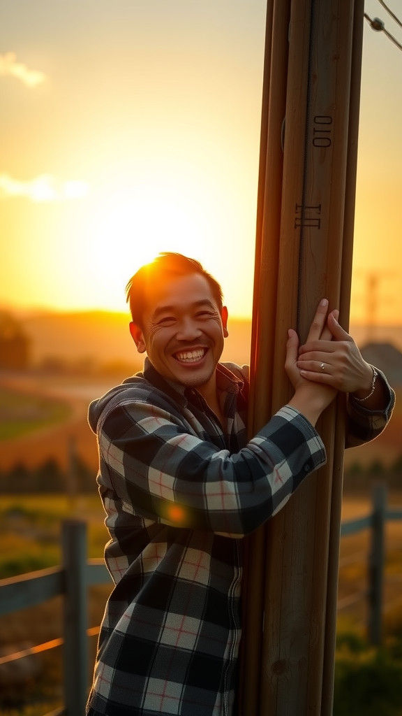 Man Hugs Power Pole at Sunset: Detailed Matte Painting