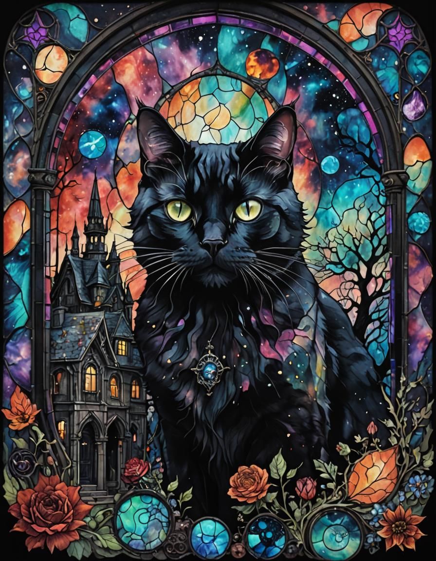 Black Cat in Stained Glass Horror Collage